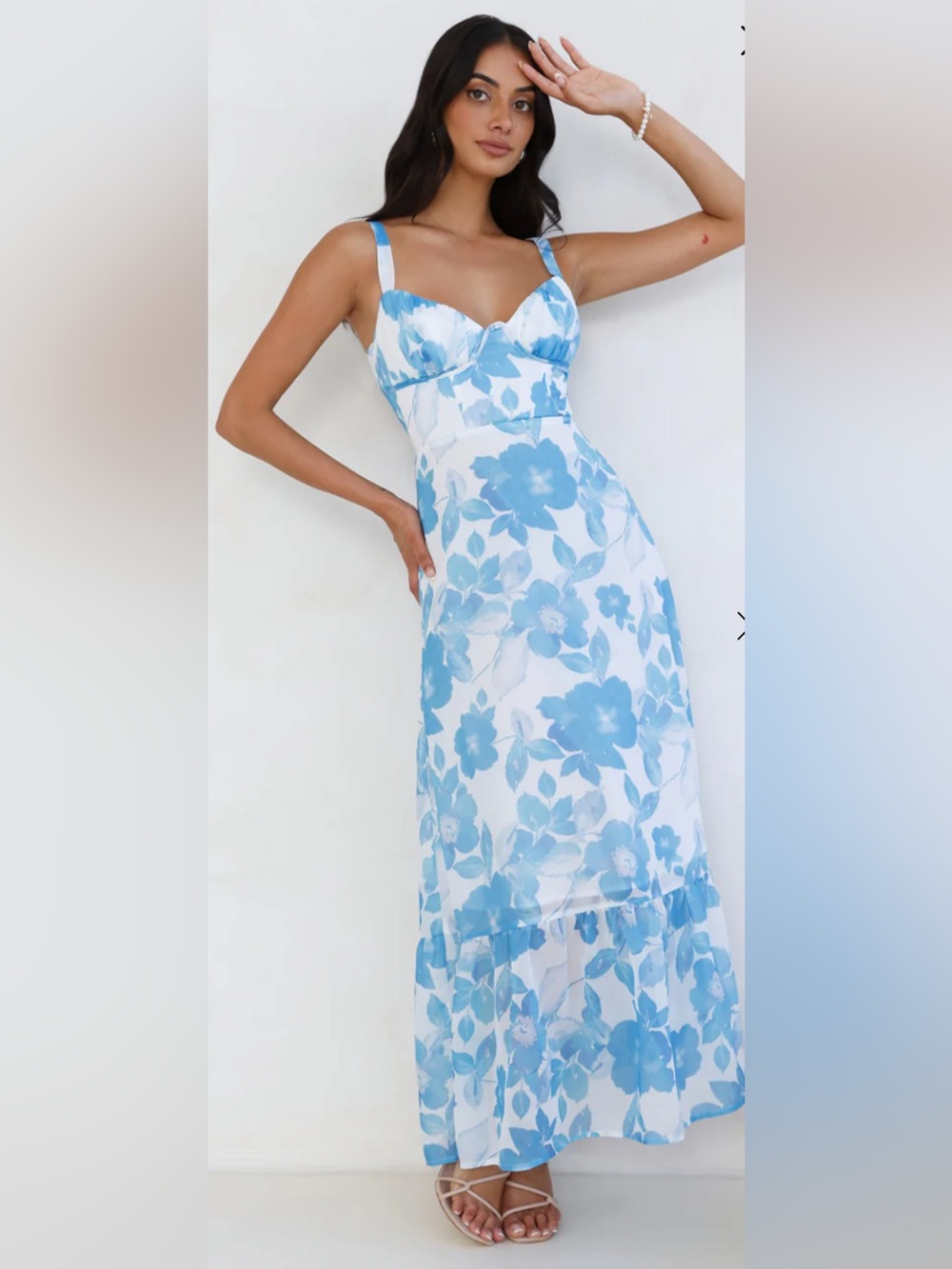 Here Comes the Sun Blue Floral Sweetheart Maxi Dress
